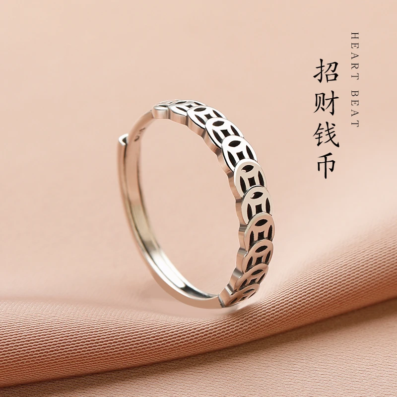 925银戒指 925纯银铜钱戒指女2025新款爆款可调节关节食指戒尾戒
