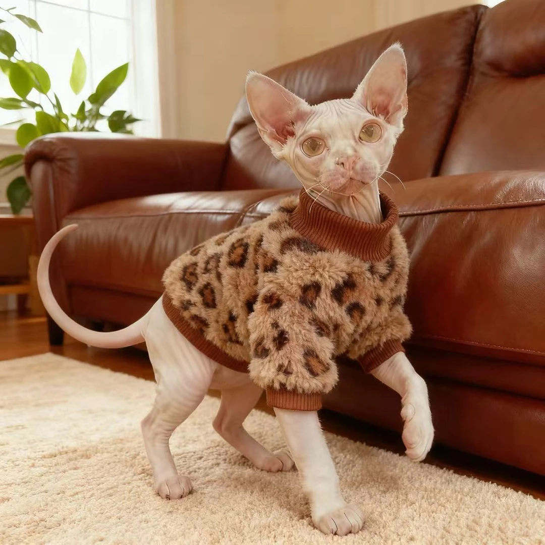 猫咪秋冬保暖豹纹无毛猫德文斯芬克斯双面绒柔软两脚衣宠物衣服