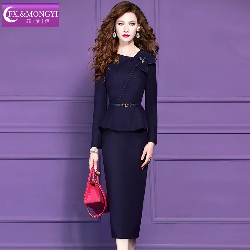 菲梦伊原创含羊毛蓝色连衣裙女冬季高端优雅收腰职业包臀裙69315