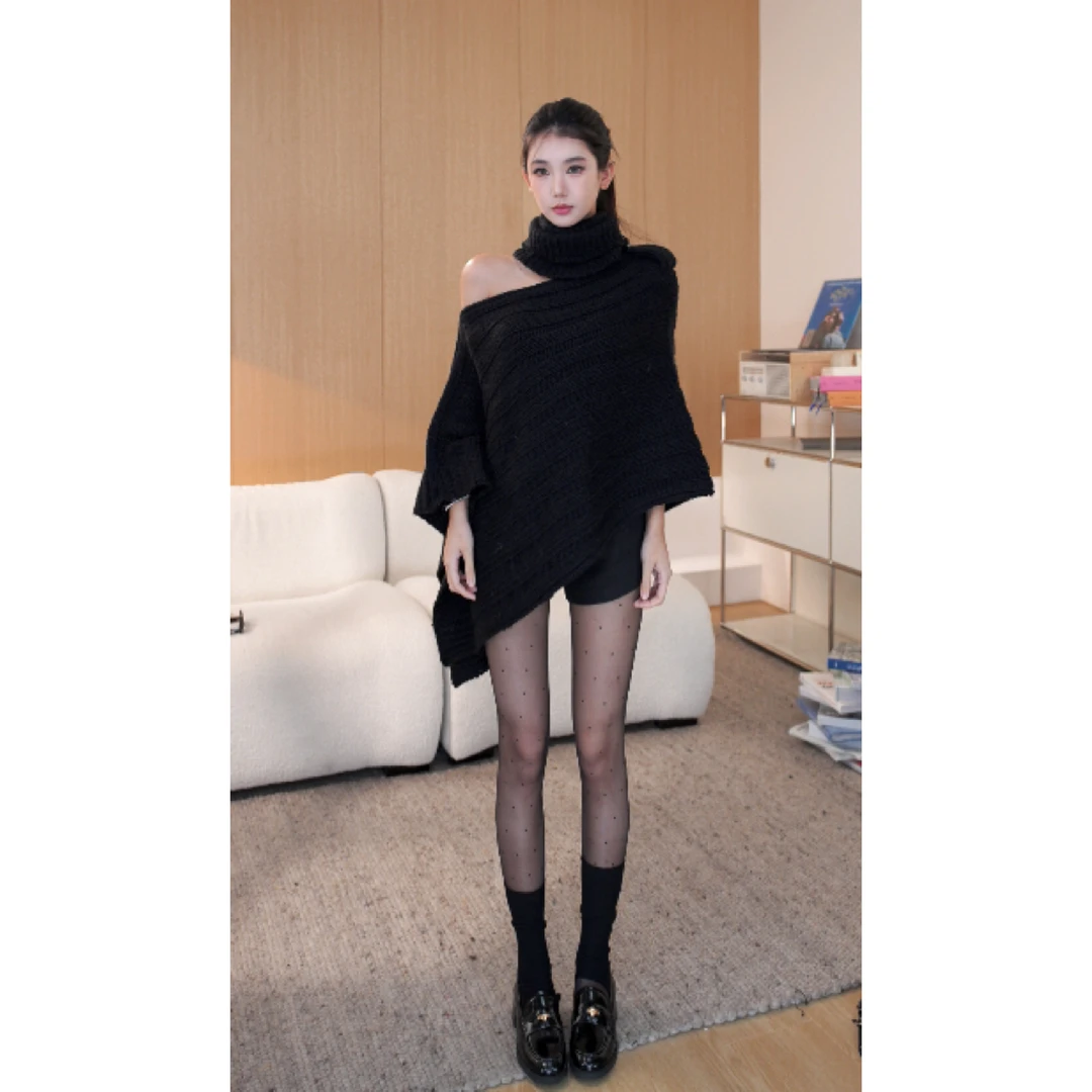 LELEPENG 黑色松弛主义真两件围脖斗篷披肩宽松针织上衣女2524453