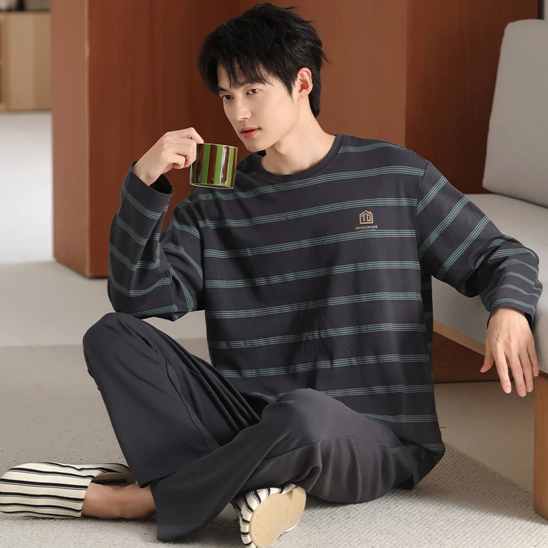 帕兰朵100%纯棉睡衣新款男士春秋季套头长袖休闲亲肤家居服两件套