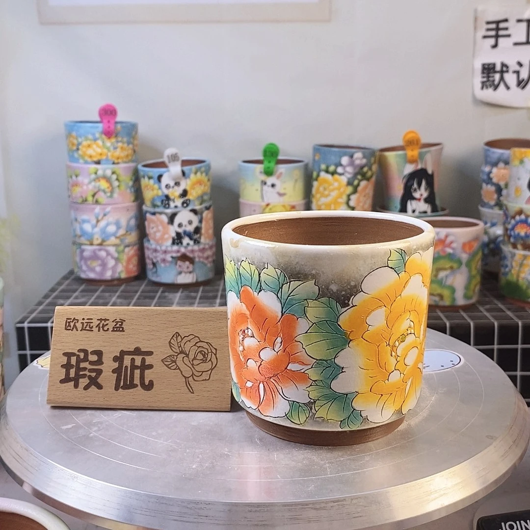 紫砂花盆红陶手绘花盆