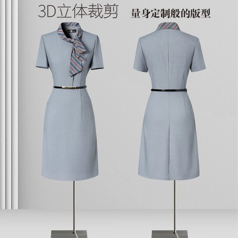 灰色连衣裙夏季女士职业短袖薄款时尚优雅知性酒店前台接待工作装