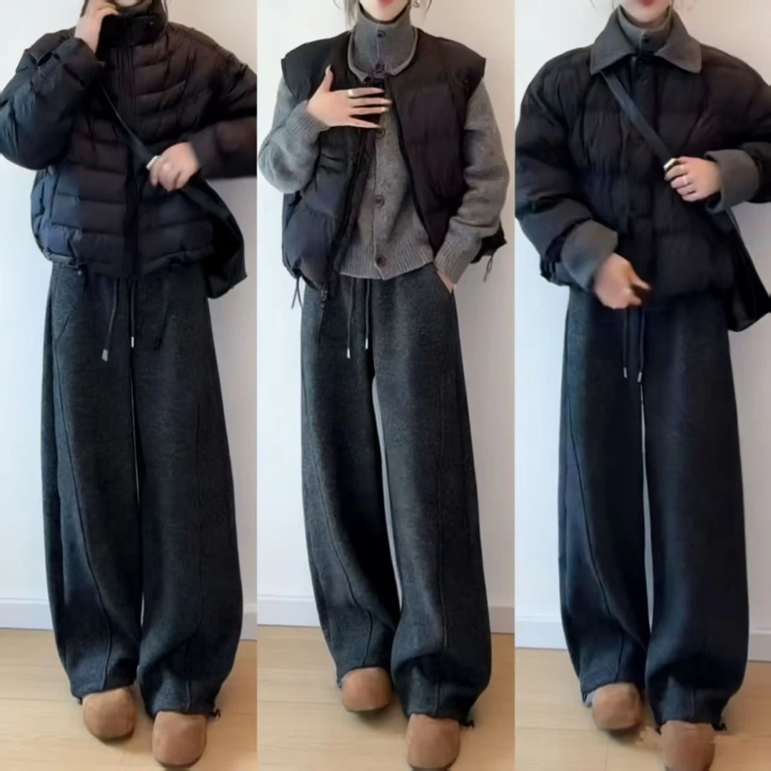 【正版原版+高货品质】羊绒毛呢加绒加厚阔腿裤女高腰垂感弯刀裤