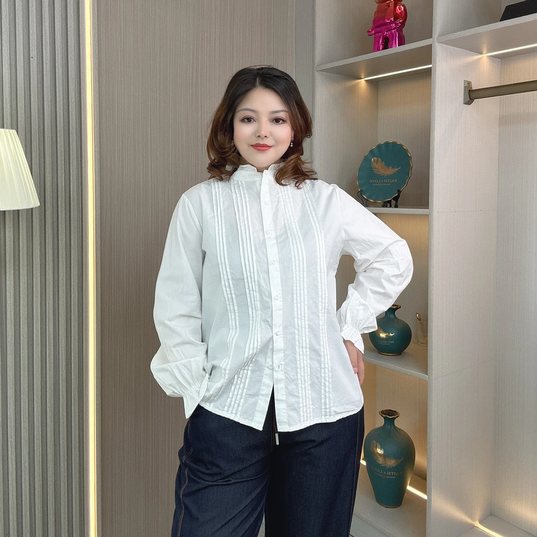法式木耳边水洗纯棉衬衫女士大码胖mm春秋装气质减龄长袖立领上衣
