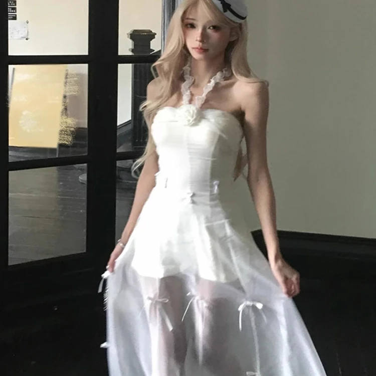 清冷感贵系衣服纯欲显瘦重工蝴蝶结吊带连衣裙夏季礼服高级感