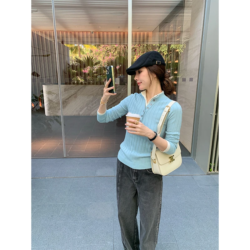 芝芝【锁骨精】春季女撞色紧身小短款上衣含绵羊毛假两件毛衣