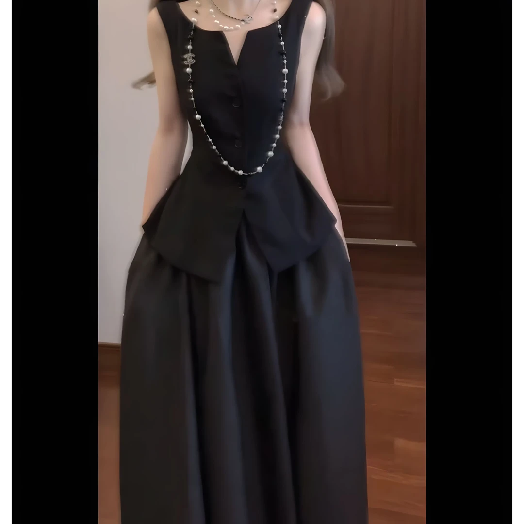 MARIE.COCO夏季轻奢高级感黑色两件套老钱风修身背心上衣半身裙潮