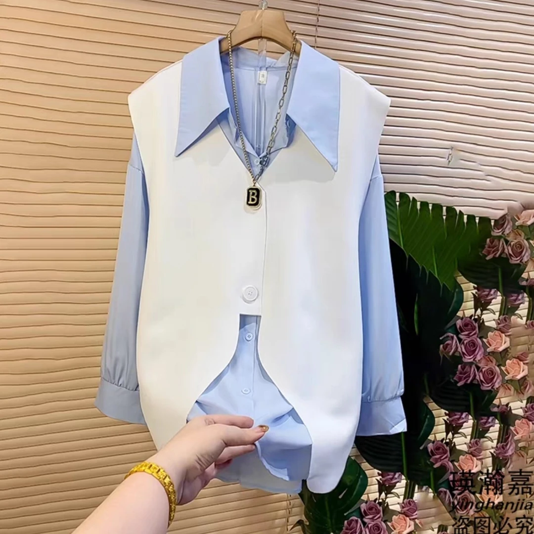 欧货新款马甲大码衬衫翻领拼接纽扣遮肉显瘦长袖中长款常规两件套