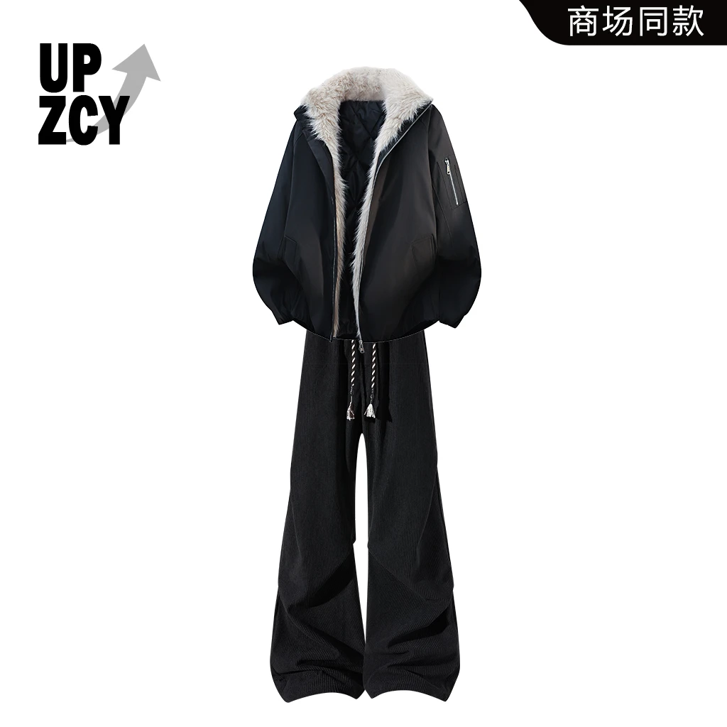 UPZCY美式复古加厚保暖棉服套装男冬季宽松百搭休闲阔腿裤两件套