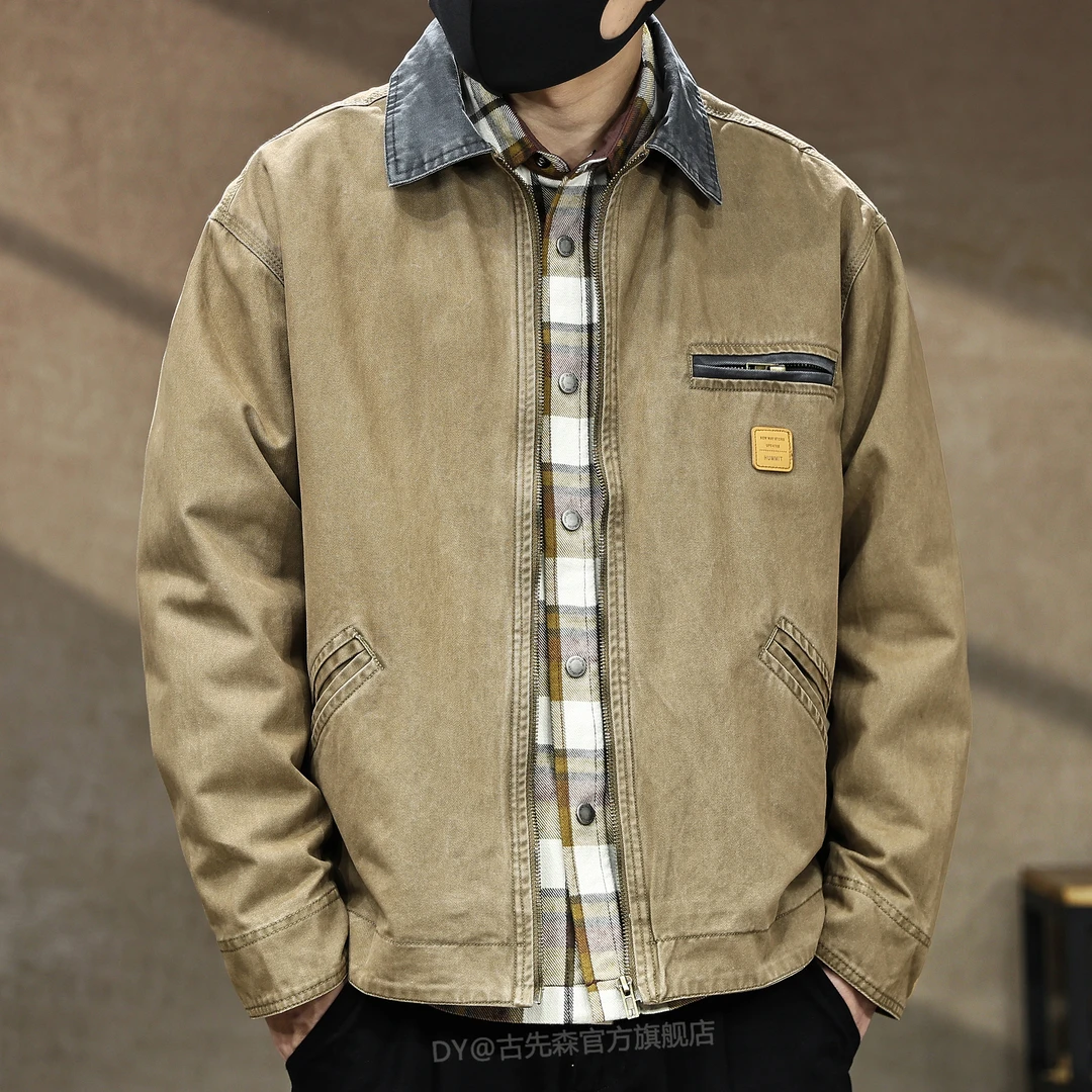 美式高端复古撞色翻领夹克男秋冬加棉宽松潮牌大码工装休闲外套潮