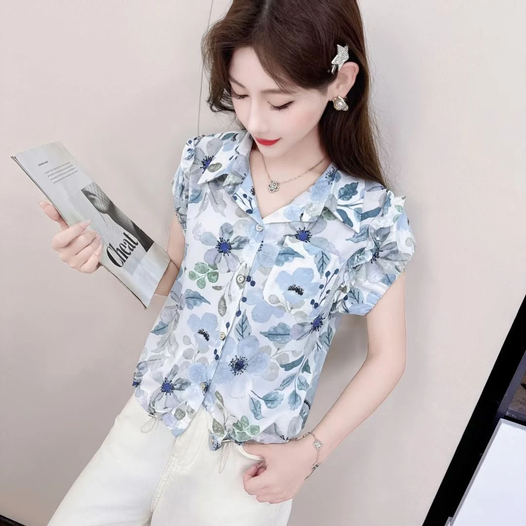 时尚短袖碎花衬衫女休闲无袖翻领衬衣夏日爆款小个子宽松遮肉上衣