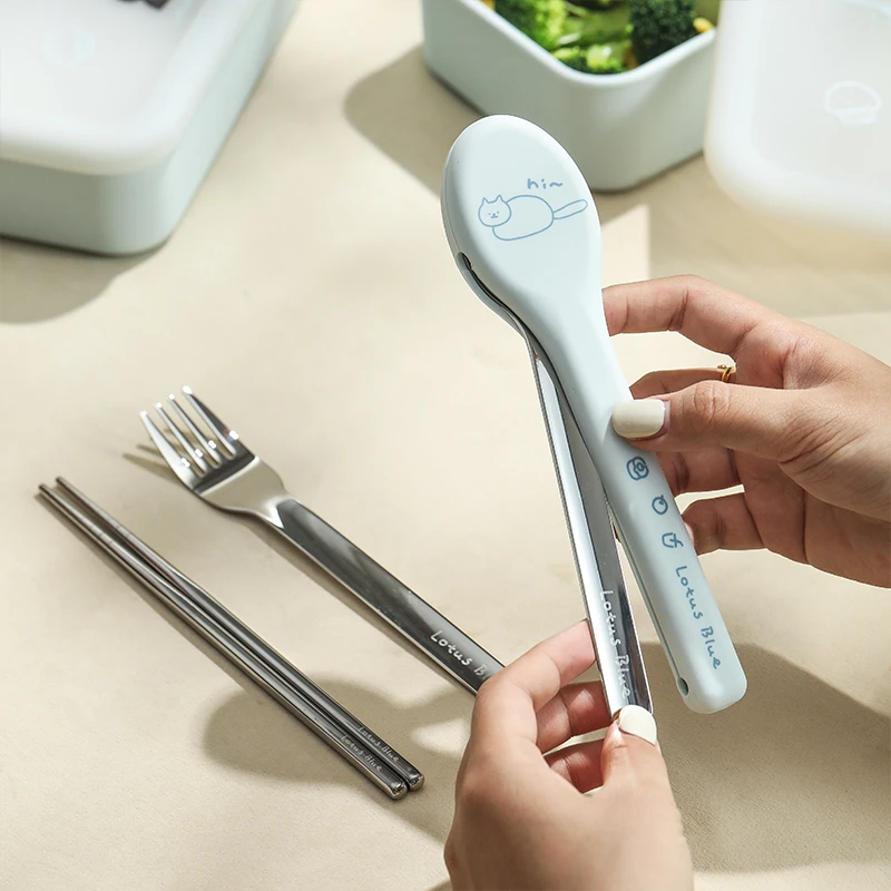 蓝莲花家居不锈钢筷子勺子叉餐具三件套一人食便携收纳盒外带饭盒