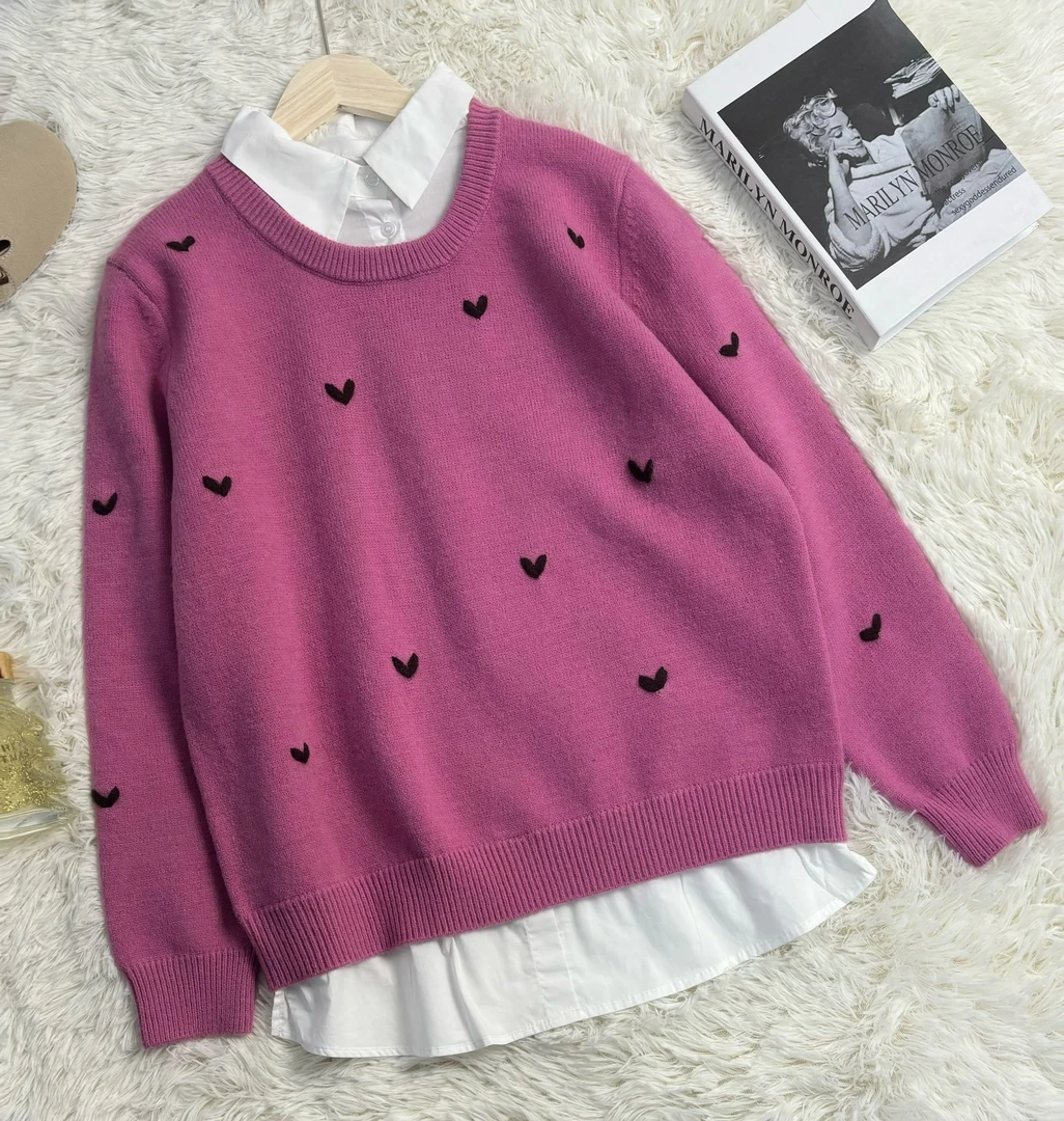 玲姐定制-Polo领拼接假两件中长款图案针织毛衣350704