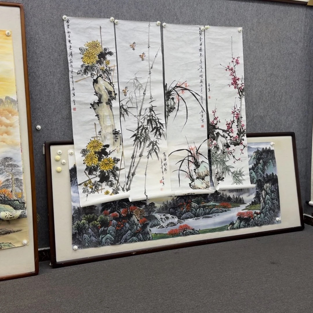 国画梅兰竹菊四条屏画芯一套