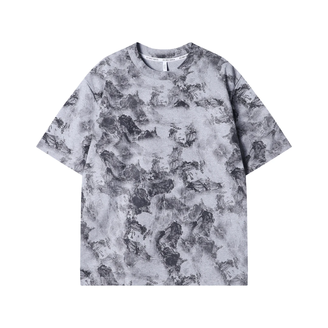 早春新款时尚个性国风水墨山晕染圆领短袖T恤简约休闲百搭上衣