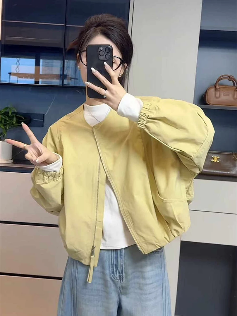 韩版简约圆领纯色短外套女2025春季新款休闲宽松百搭小个子夹克潮