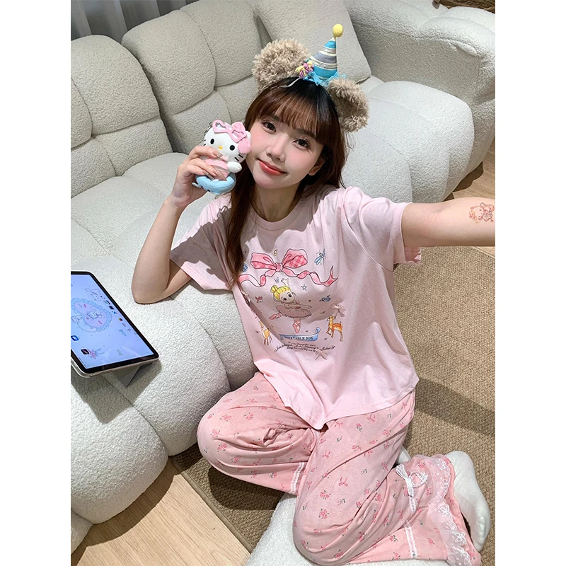 韩系可爱卡通芭蕾女孩短袖印花睡衣女夏季新款遛弯裤居家服两件套