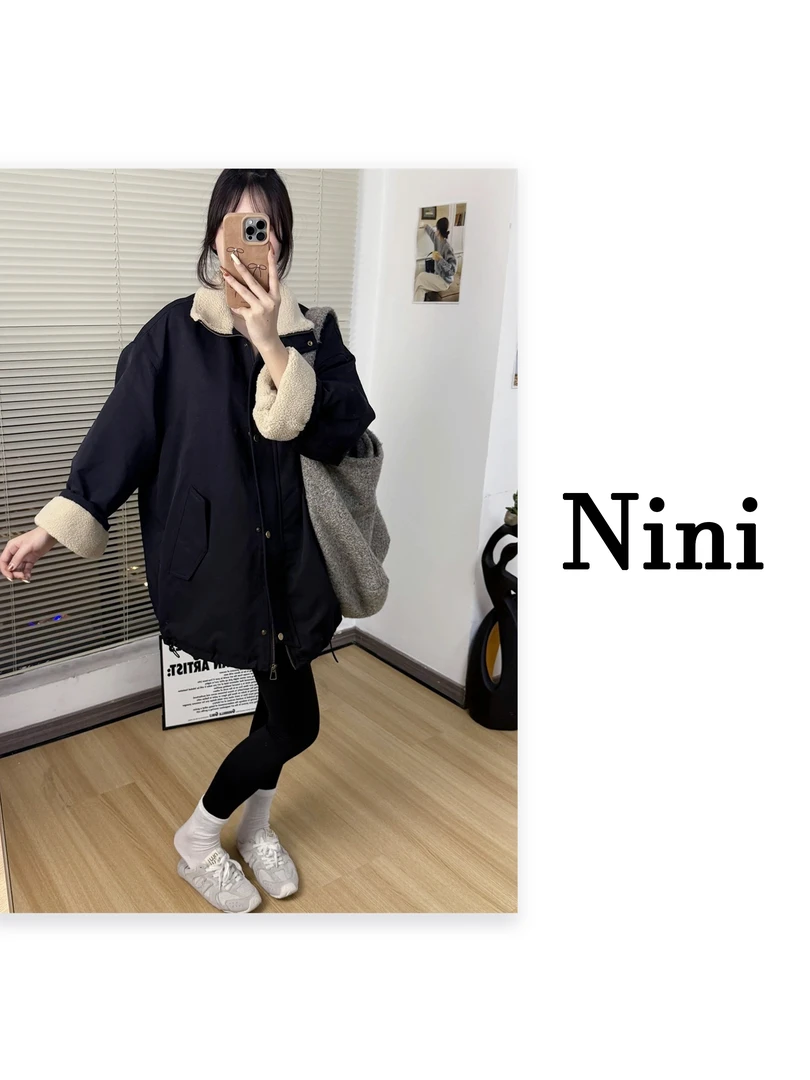 Nini  拼色咩咩毛派克服外套冬季爆款韩版时尚休闲百搭加绒加厚