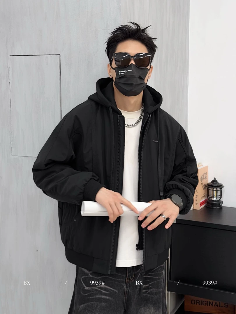 冬季连帽羽绒服拼接假两件男款时尚潮流痞帅宽松加绒加厚休闲外套