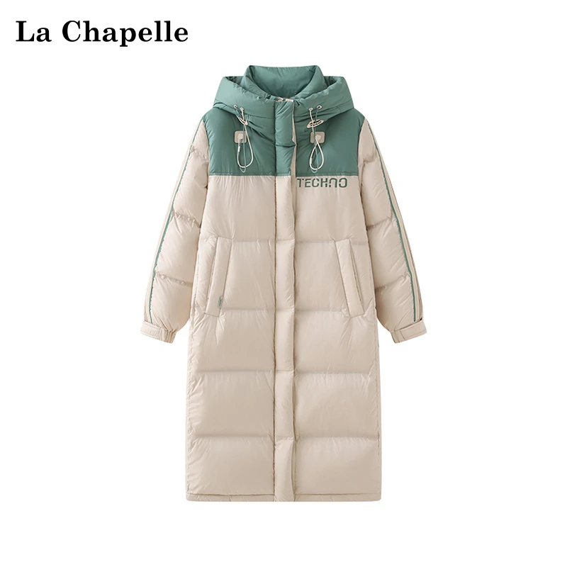 拉夏贝尔白鸭绒宽松冬季拼色羽绒服女长款保暖厚外套新款高级时尚