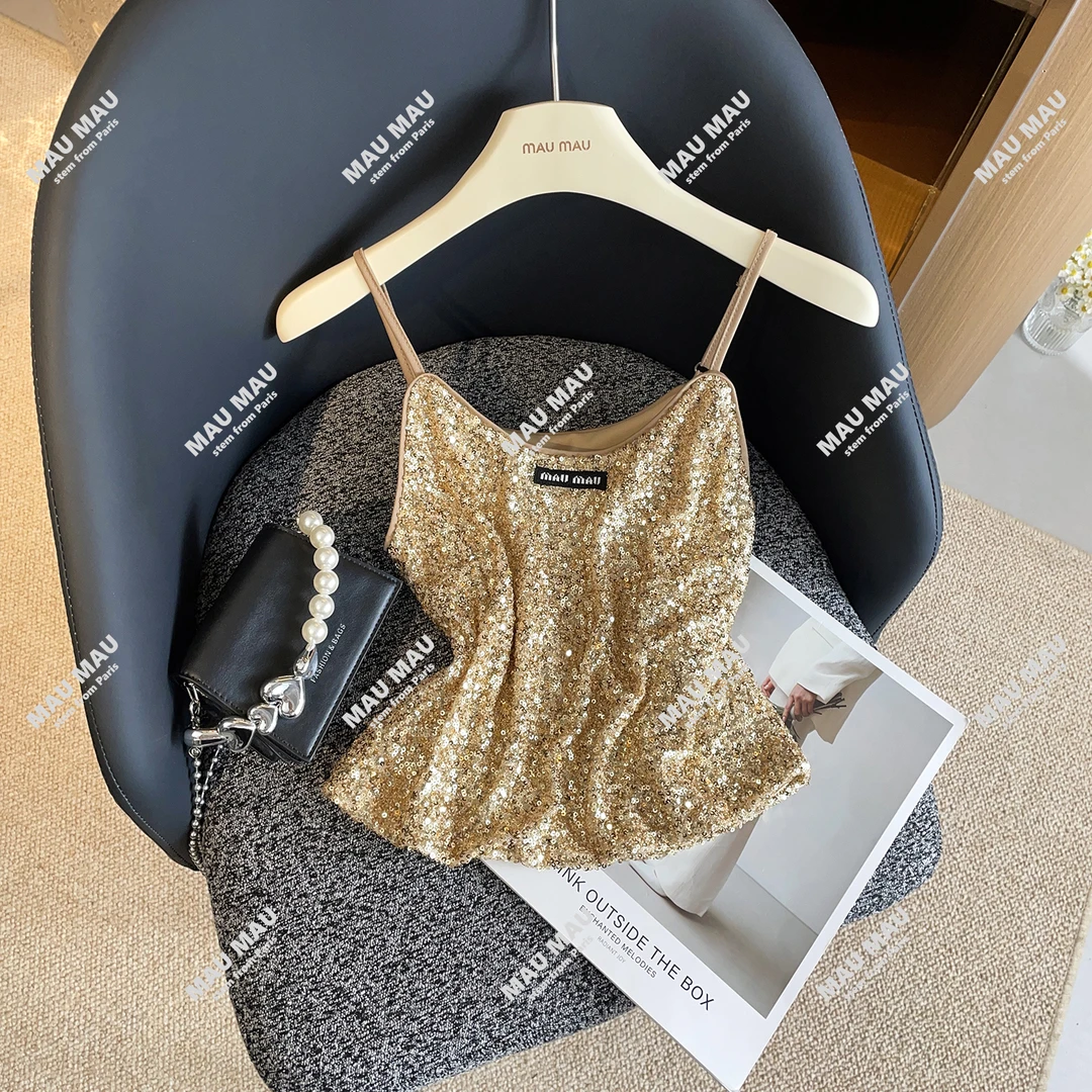 2026夏季法式千金方重工亮片字母贴布吊带背心女 DY7806