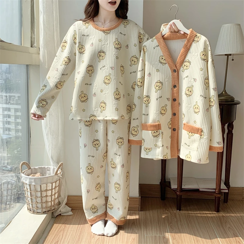 300斤空气棉夹层大码长袖睡衣女胖妹宽松爆款2025秋冬三件套家居
