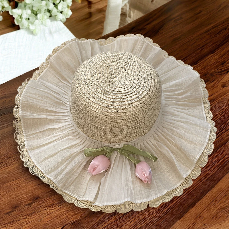 衣多芬郁金香蕾丝边草帽女夏季日系百搭海边沙滩度假遮阳帽大帽檐