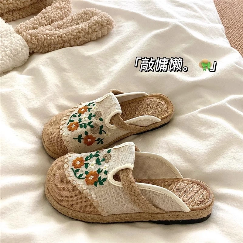 老北京布鞋女夏季透气亚麻包头半拖鞋外穿软底绣花鞋渔夫鞋大头鞋