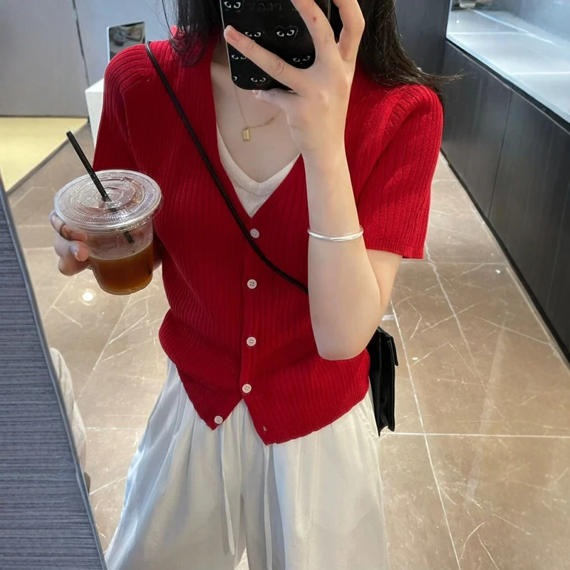 韩系百搭显瘦红色V领设计假两件减龄针织开衫女夏季独特漂亮上衣