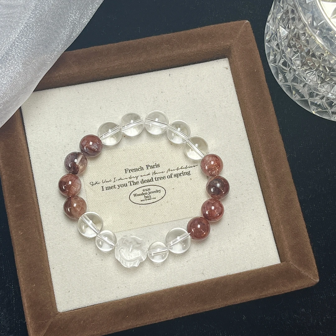 天然 红胶花 白水晶 白水晶九尾狐 卡10 原创手串