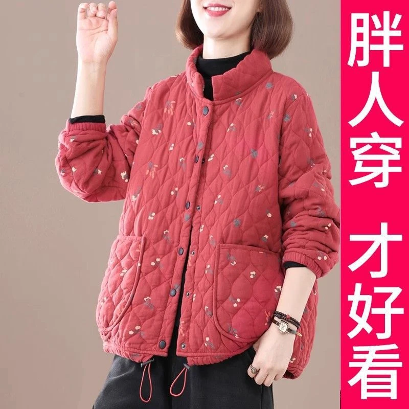 200斤高档大码棉衣女冬季立领洋气印花复古休闲宽松棉衣妈妈冬装