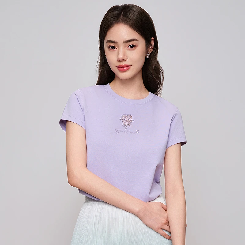 【多巴胺玫瑰T】简约刺绣T恤圆领短袖DOUBLOVE贝爱2025夏季新款