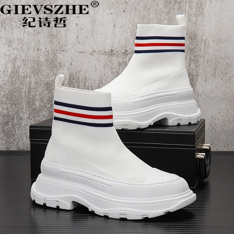 纪诗哲高筒鞋男透气新款针织袜子鞋厚底内增高短男士拼接厚底短靴
