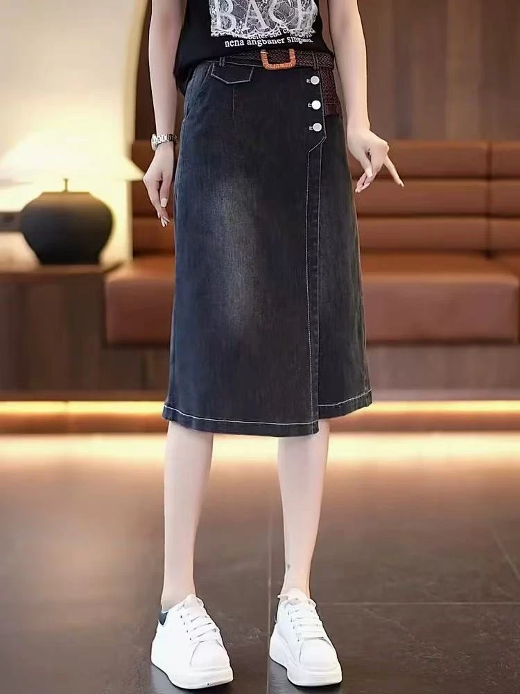 127#【无腰带-长62】2025新款时尚百搭半松紧牛仔短裤裙裤