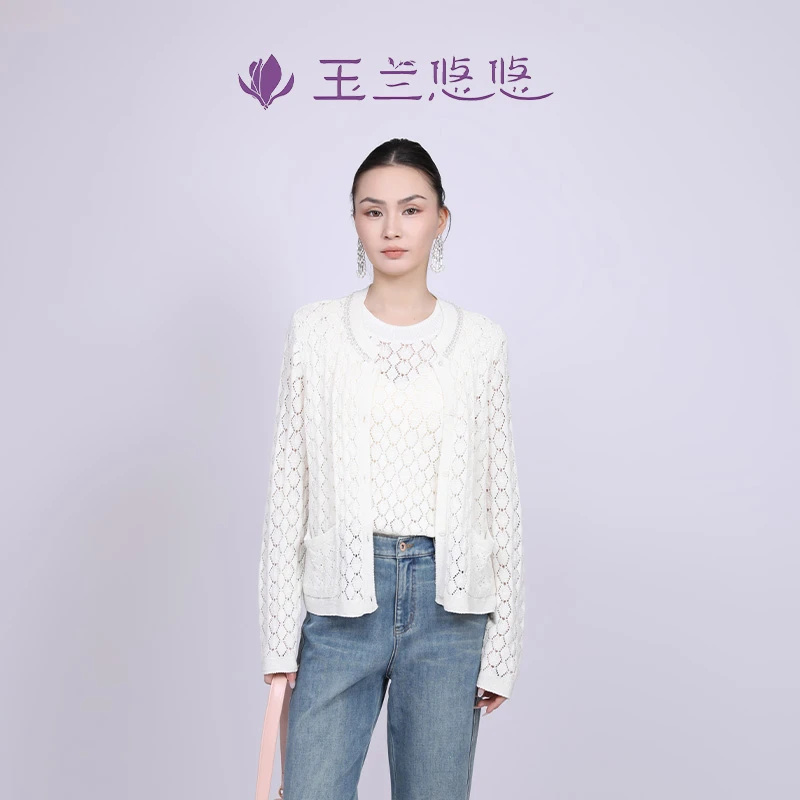 玉兰悠悠2025新款夏"至真至纯"曲亚麻针织开衫蕾丝镂空百搭衬衫女