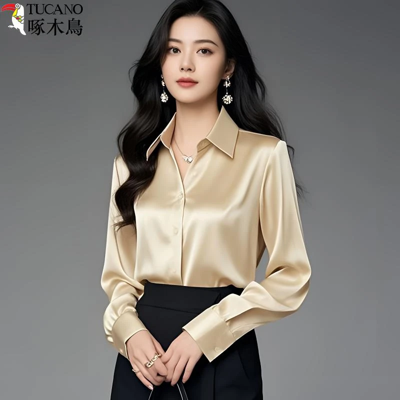TUCANO/啄木鳥轻奢白色衬衫女装秋冬新款长袖衬衣免烫缎面职业装