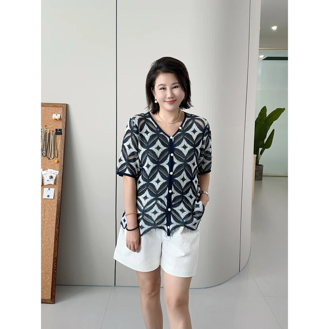 微胖女装【轻舞飞扬】夏季新款复古菱形提花开衫设计感短袖上衣961