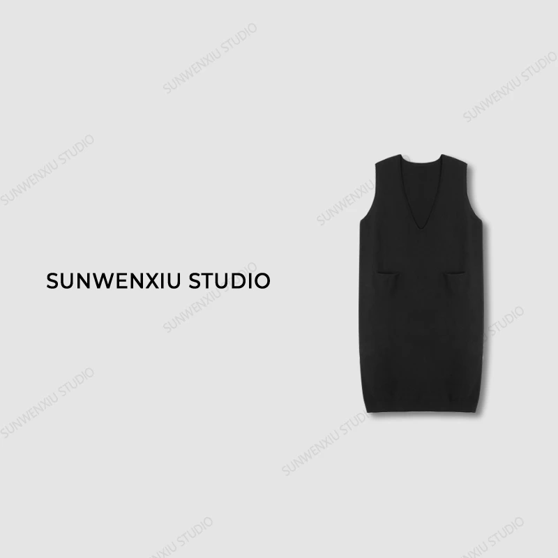 swx studio3店 ”叠穿搭档“莱赛尔羊毛混纺极简V领无袖针织连衣裙