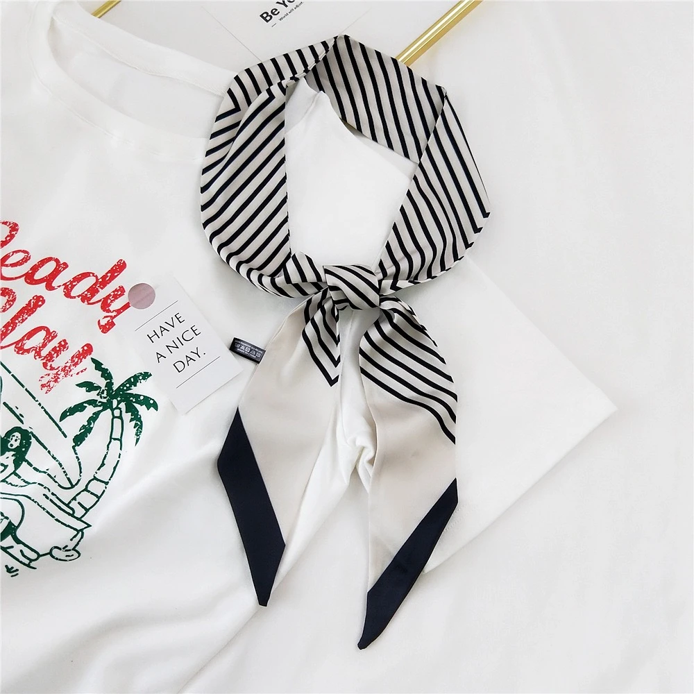 黑白条纹丝巾白色小长条女士时尚百搭绑发领巾飘发带春夏ins围巾