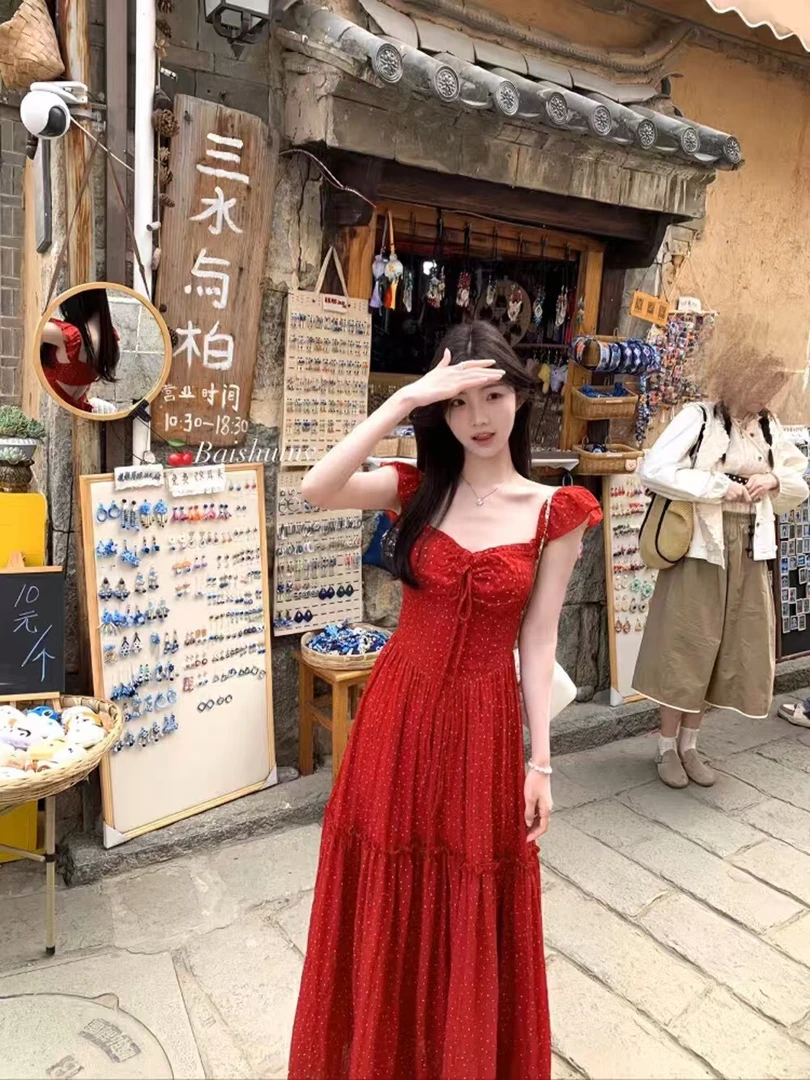 法式红色小飞袖露背波点雪纺连衣裙女夏季海边度假长裙