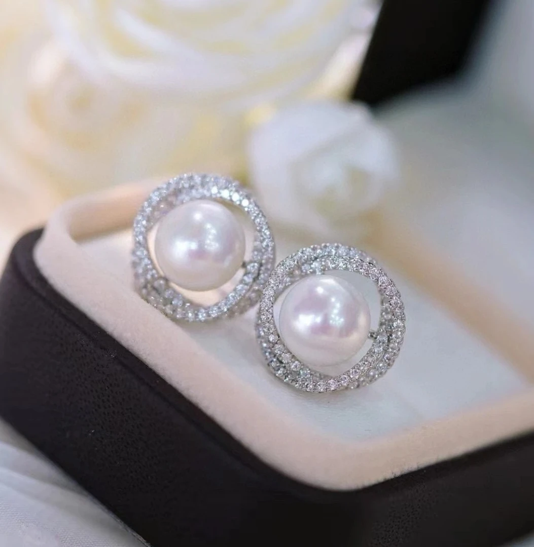 天然淡水珍珠9-10mm无核极光白珠设计款鸟巢耳钉R616