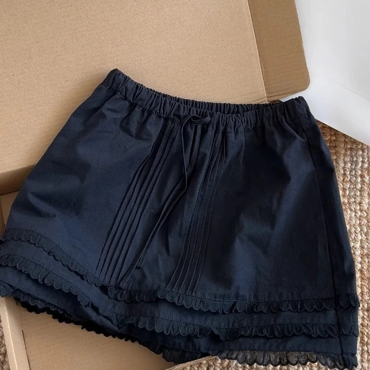 夏日轻氧大码夏季黑色纯欲木耳边半身裙女设计感压褶系带高腰显瘦