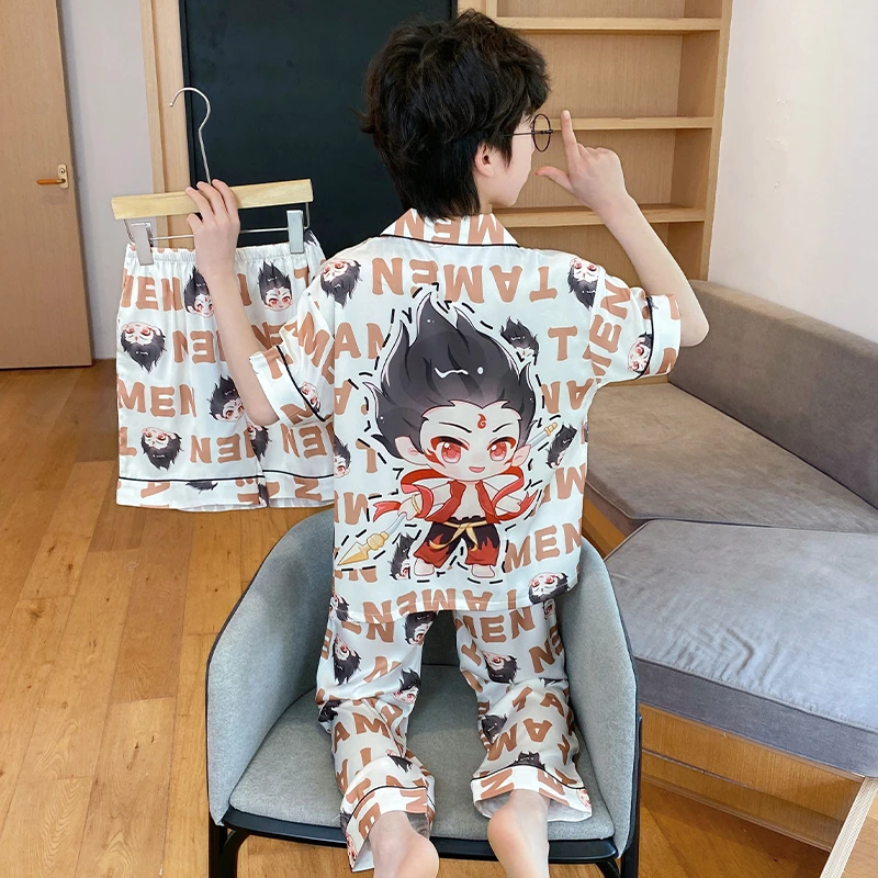 bejirog/北极绒小男孩夏季新品卡通帅气冰雪丝短袖翻领睡衣三件套