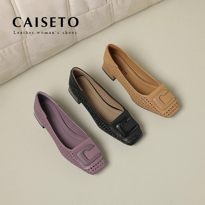 头层羊皮/3cm新款方头时尚百搭低跟洞洞鞋软底软面平底女鞋D247