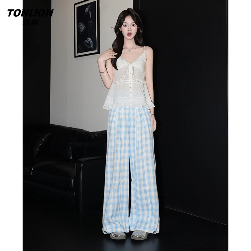 唐狮新款薄款浅蓝格阔腿休闲裤女2025高腰垂感宽松百搭凉凉山本裤