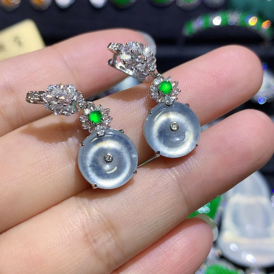 翡翠18K金镶嵌耳饰高冰平安扣耳包