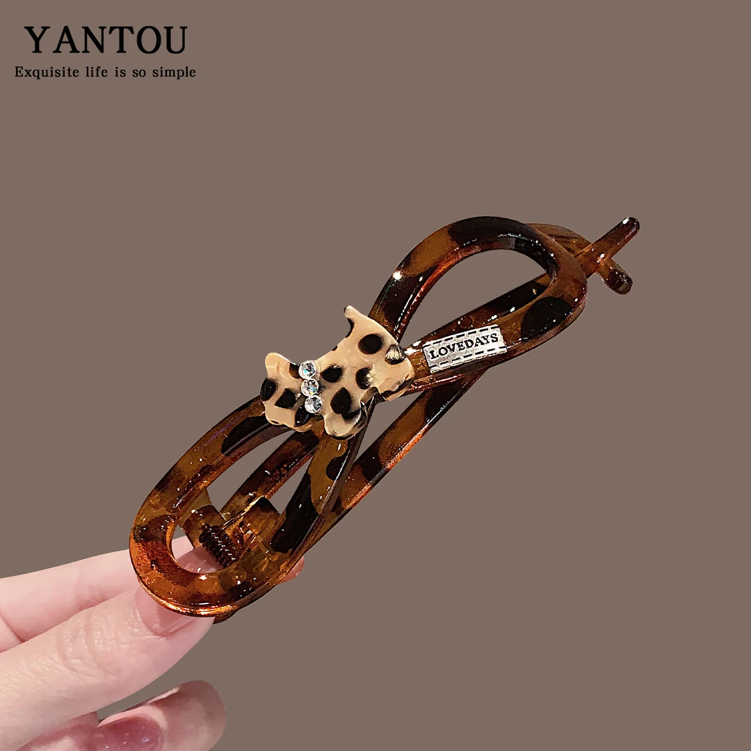 韩系小众设计感豹纹小猫水钻扭扭夹个性固定盘发夹子懒人顶夹