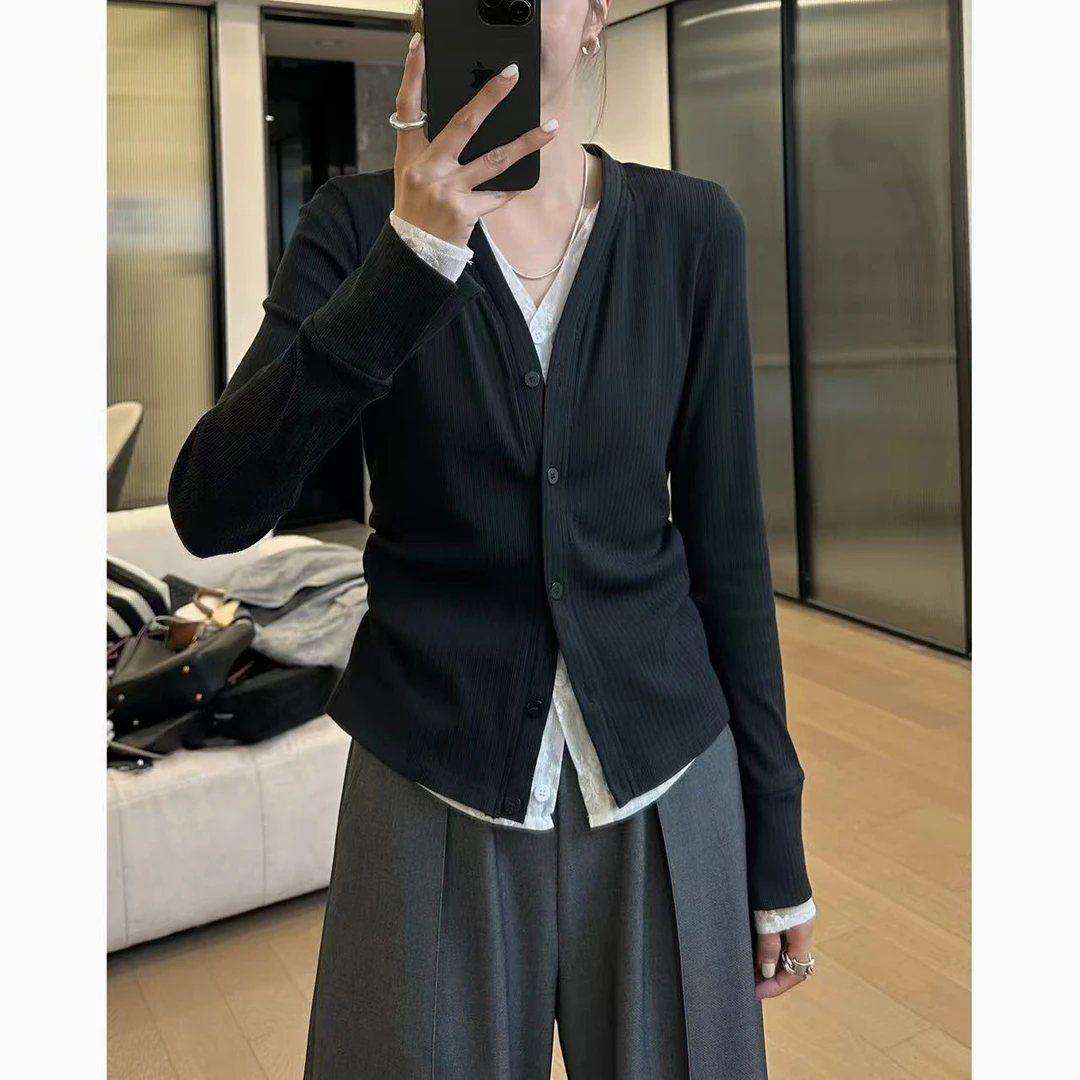 小静静一会 【假两件蕾丝上衣】极简百搭开口袖V领针织衫 2502C606