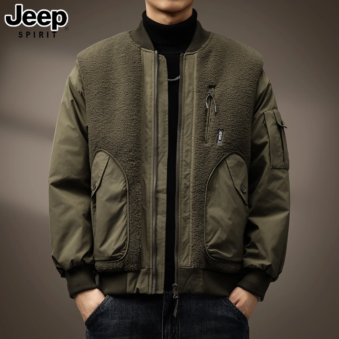 JEEP吉普拼接保暖棉衣外套男冬季厚款工装飞行员夹克宽松棉服男